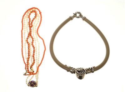 Lot 569 - Two antique coral bead necklaces, unusual Art Nouveau necklace with head of a lady and a cultured pearl necklace with amethyst clasp