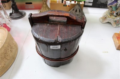 Lot 3791 - 18th / 19th century coopered wooden tub and cover, the cover with integral carrying handle, 28cm high