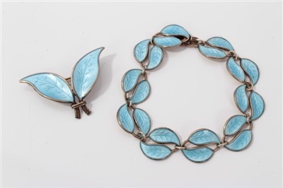 Lot 3425 - David Anderson Norwegian silver and blue enamel leaf design bracelet and matching brooch