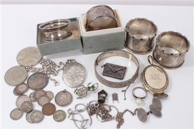 Lot 3429 - Group silver and white metal jewellery, four silver napkin rings and silver coins