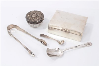 Lot 3810 - Selection of miscellaneous silver comprising pair Victorian silver Kings Pattern sugar tongs (London 1888) John Aldwinckle & Thomas Slater, cut glass toilet jar with silver top (Birmingham 1901) m...