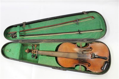 Lot 218 - 19th century violin with one piece back and traces of an old label, with two bows in a fitted case.