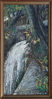 Lot 1543 - Robert William Hill (1932-1990) oil on board - A Waterfall, signed, framed, 121cm x 60cm