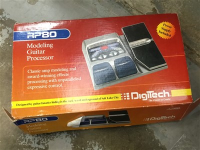 Lot 3829 - Digitec modelling guitar processor, boxed, together with other guitar accessories including Sound Lab pedal bank-pedal power 450, three various guitar stands
