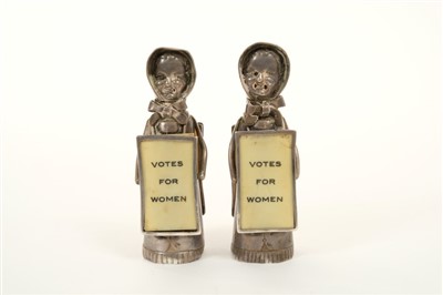 Lot 224 - Rare pair of Edwardian silver Suffragette pepperettes.