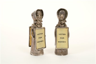 Lot 224 - Rare pair of Edwardian silver Suffragette pepperettes.