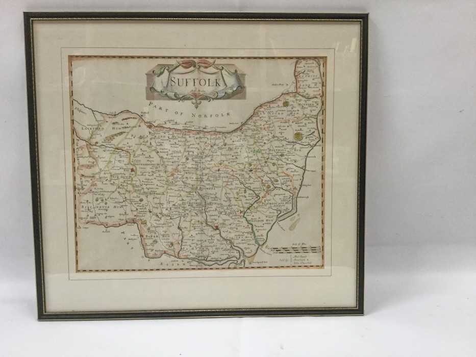 Lot 3852 - Robert Morden 18th century hand coloured engraved map of Suffolk, together with a similar Morden map of Bedfordshire and reproduction John Oliver map of Essex, all framed. (3)