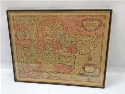 Lot 3852 - Robert Morden 18th century hand coloured engraved map of Suffolk, together with a similar Morden map of Bedfordshire and reproduction John Oliver map of Essex, all framed. (3)