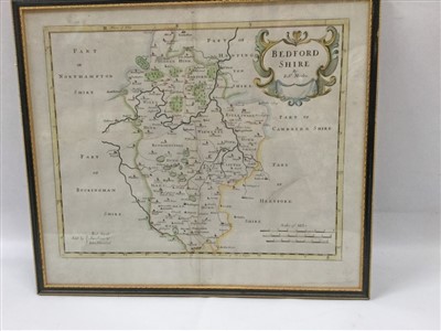 Lot 3852 - Robert Morden 18th century hand coloured engraved map of Suffolk, together with a similar Morden map of Bedfordshire and reproduction John Oliver map of Essex, all framed. (3)