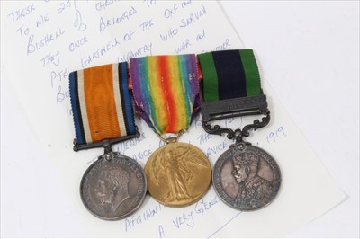 Lot 562 - First World War and later trio comprising War, Victory and George V India General Service Medal with one clasp