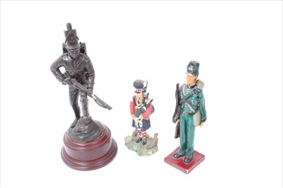 Lot 570 - Bronzed figure of a Rifle Brigade Soldier, together with other military figures and a German pipe.