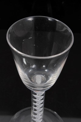 Lot 160 - 18th century wine glass with bucket shaped bowl on opaque twist stem on splayed foot, 14.6cm
