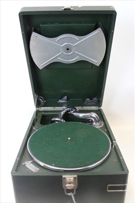 Lot 3577 - Vintage cased gramophone with carry handle, with green leatherette surface and interior