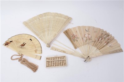 Lot 829 - Three ivory fans and ivory abacus