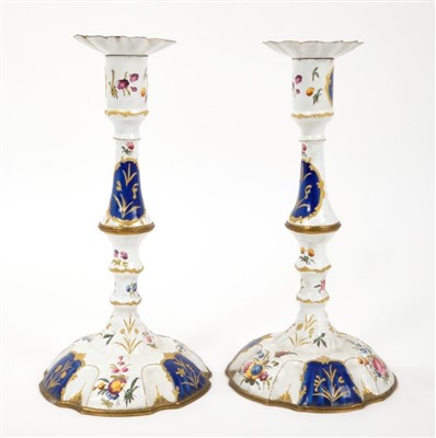 Lot 813 - Pair of mid-18th century Bilston enamel candlesticks