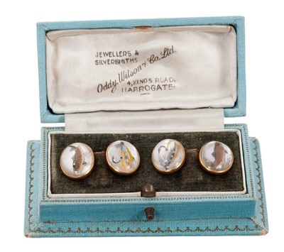 Lot 475 - Pair of Essex crystal cuff links, fishing themed, boxed