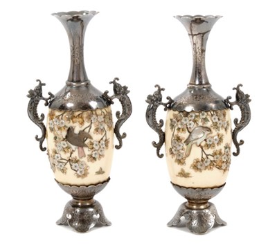 Lot 1248 - Fine pair of Meiji period Japanese shibyama and tooled silver vases