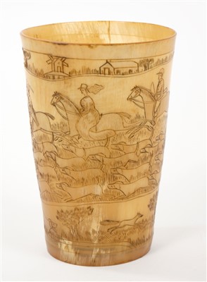 Lot 844 - Antique horn beaker with hunting scene