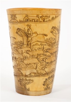 Lot 845 - Antique horn beaker with hunting scene