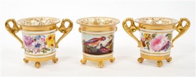 Lot 36 - Fine early 19th centuiry Derby cachepot painted wih exotic birds, together with another pair painted with floral bands