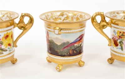 Lot 36 - Fine early 19th centuiry Derby cachepot painted wih exotic birds, together with another pair painted with floral bands
