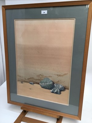 Lot 89 - Derek Jenkins, 20th century watercolour - Pebbles by a wall, signed and titled verso, framed and glazed