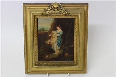 Lot 1382 - After Sir Joshua Reynolds, 19th century oil on panel - a girl and her pet dog fording a stream, in gilt frame, 19cm x 15cm