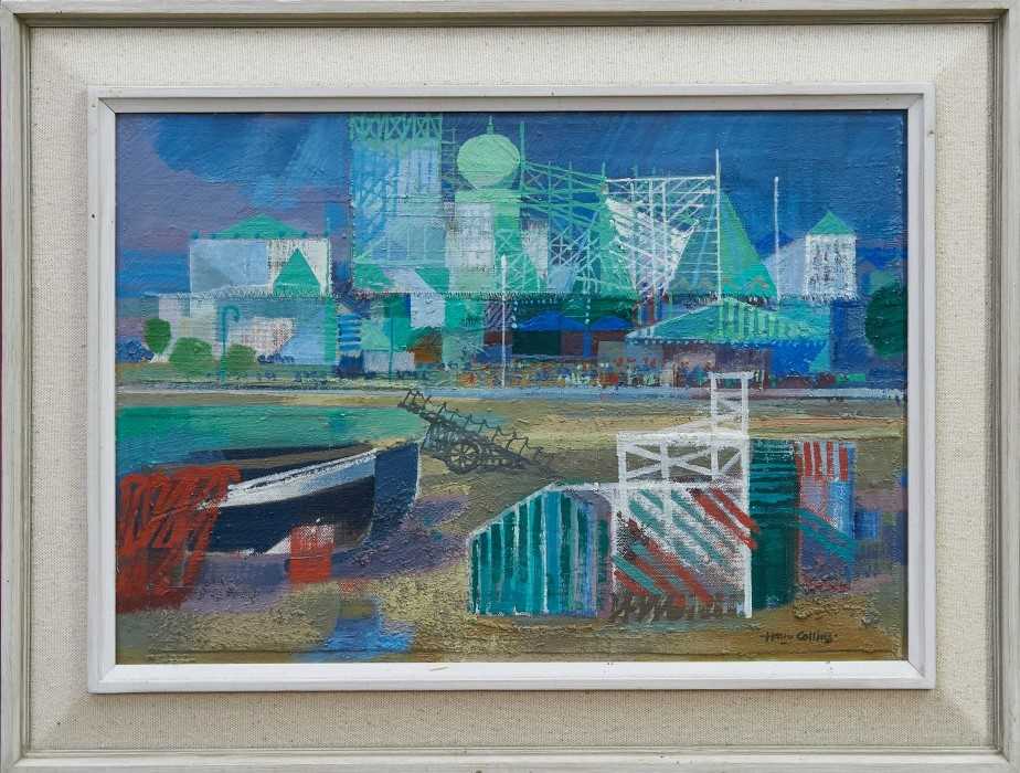 Lot 1076 - Henry Collins - oil and mixed media on board - Harbour scene