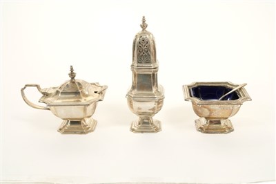 Lot 313 - Three piece silver cruet of shaped square form