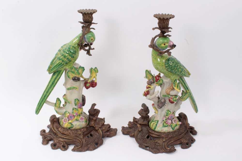 Lot 17 - Pair of 19th century-style parrot candlesticks with gilt metal mounts