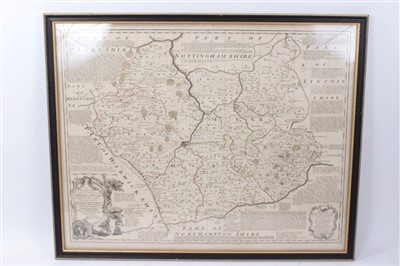 Lot 794 - Emanuel Bowen (1693-1767) hand coloured engraved map of Leistershire and Rutland, 54cm x 69cm, glazed frame