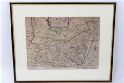 Lot 795 - Christopher Saxton & William Kip , hand-coloured engraved map - ‘Suffolciae’, circa 1637, 27.5 x 37.5cm, glazed frame