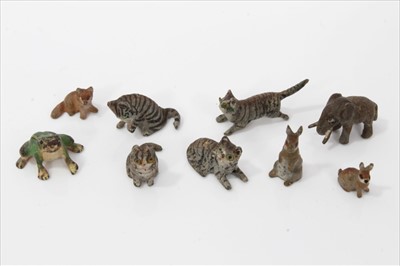 Lot 3770 - Collection of rare miniature cold painted bronze animals, including a family of four cats, an elephant, two rabbits fox and a frog, elephant approximately 1cm long. (9)