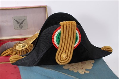 Lot 602 - Fine Italian Navy Officer's Bicorn hat, with bullion thread decoration and silk lined interior, bearing markers name for R. Dani, Livorno, together with a pair