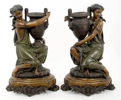 Lot 880 - Carrier-Belleuse (1824-1877) - Impressive pair of bronze and patinated bronze figural urns