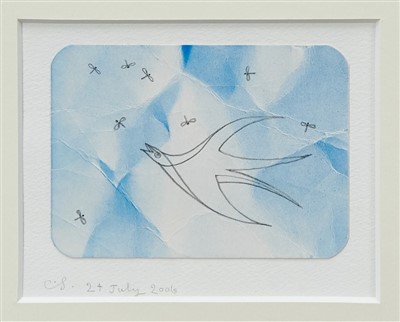 Lot 1105 - Colin Self - Swallow, watercolour and pencil, on Chinese takeaway lid