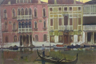 Lot 1477 - Hugh Micklem oil on board, Venice water scene, signed