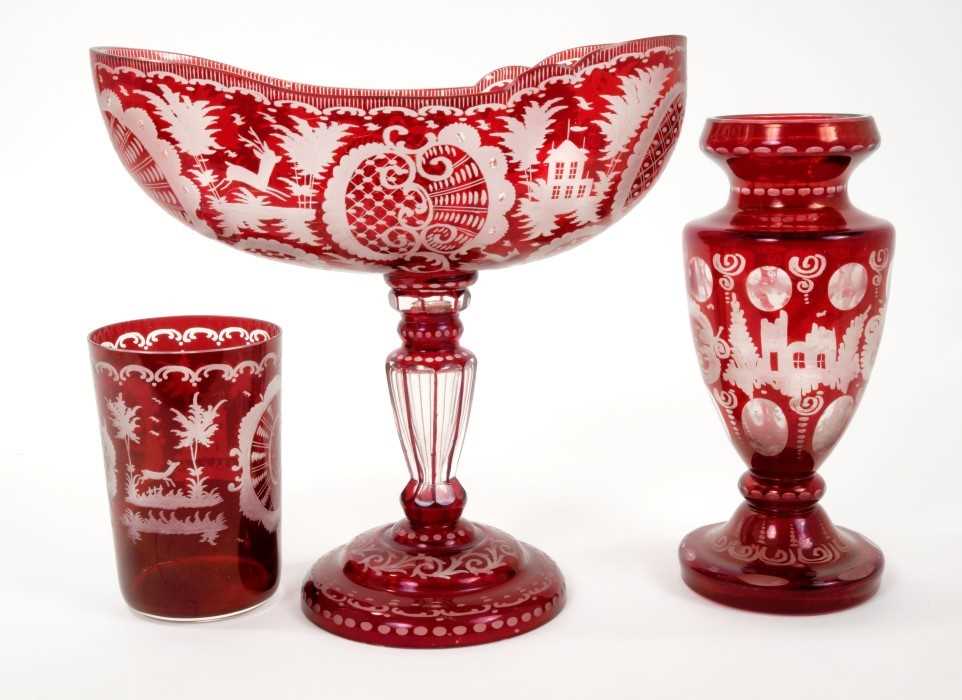 Lot 21 - Three pieces of 19th century bohemian overlaid ruby glass