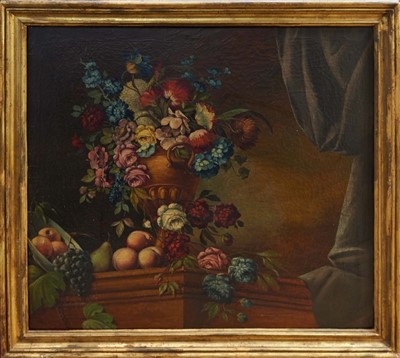 Lot 1522 - Early 19th century Continental school oil on canvas - still life of fruit and flowers on a ledge, in gilt frame, 94cm x 107cm