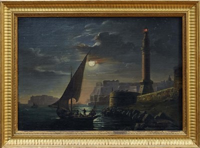 Lot 1523 - Mid-19th century Italian school oil on canvas - harbour by moonlight, indistinctly signed, inscribed and dated 1856, in gilt frame, 37cm x 54cm