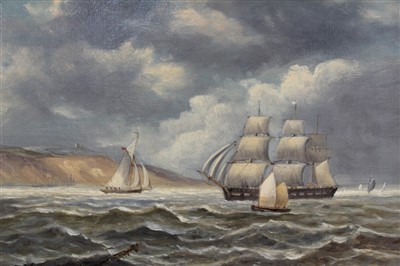 Lot 1051 - Christopher Mark Maskell oil on canvas - shipping off the coast, initialled, framed, 24cm x 34cm