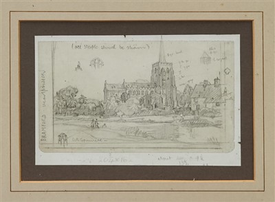 Lot 1050 - Leonard Russell Squirrell pencil sketch - Bramford Church, signed, inscribed, in glazed frame, 13cm x 21cm 
 Provenance: St Lawrence Gallery, Ipswich