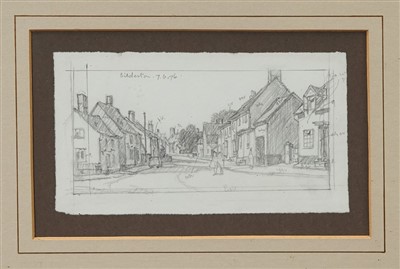 Lot 1049 - Leonard Russell Squirrell pencil sketch - Bildeston High Street, inscribed and dated 7.6.76, in glazed frame, 11cm x 19.5cm 
 Provenance: St Lawrence Gallery, Ipswich