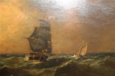 Lot 1048 - John Moore of Ipswich oval oil on panel - shipping at dusk, signed, in oval gilt frame, 32cm x 45cm