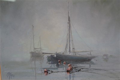 Lot 1046 - Margaret Glass (b.1950) pastel - moored boats through the mist, initialled and dated ‘87, in glazed gilt frame, 19cm x 28cm