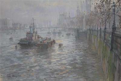 Lot 1041 - Ian Hay pastel - On The Thames below Westminster, signed and dated ‘82, in glazed frame, 39cm x 49cm