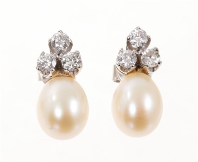 Lot 469 - Cultured pearl and diamond earrings