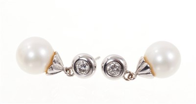 Lot 470 - Pair of cultured pearl and diamond pendant earrings