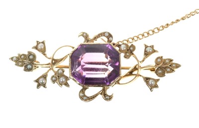 Lot 472 - Edwardian amethyst and seed pearl brooch