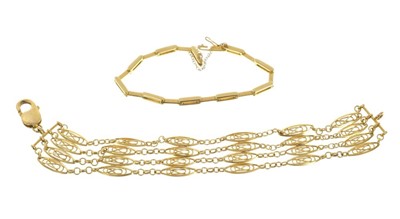 Lot 427 - Continental 14ct gold bracelet with four strands of openwork links, together with another 14ct gold bracelet